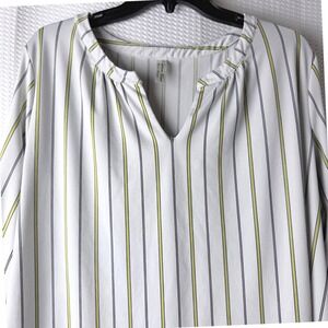 Perception Women Blouse Women 1X White Striped Roll Tab Sleeve V-Neck Career